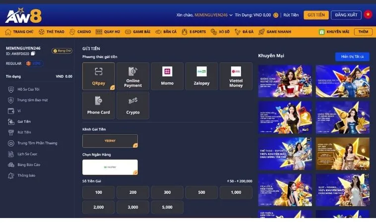 Các phương thức nạp tiền AW8